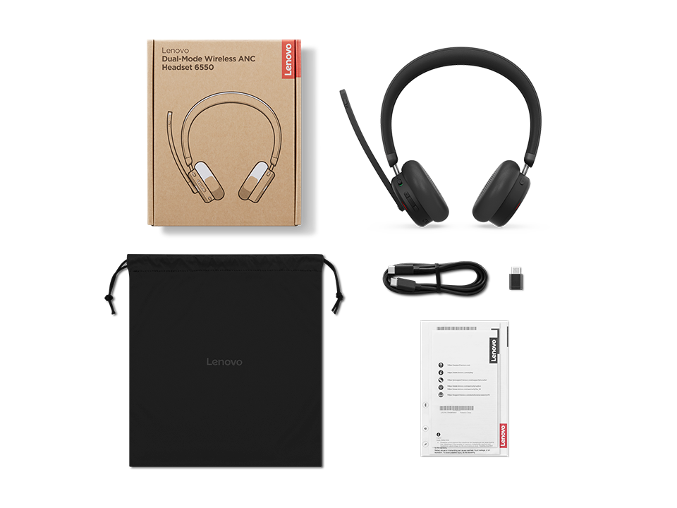 LENOVO Dual-Mode Wireless ANC Headset 6550|BT 5.3|Wireless USB-C Receiver|Noise Cancellation|Travel Pouch | 3yr Carry In