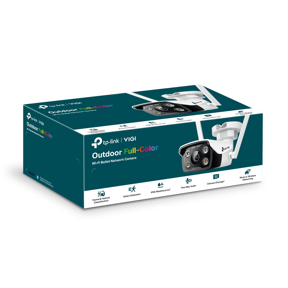 TP-Link VIGI 4MP Outdoor Full-Color Wi-Fi Bullet Network Camera, IR/White Light, 12V DC, 4 mm Fixed Lens, Built-In Microphone, Speaker, micro-SD Slot, IP66