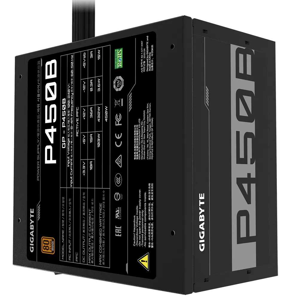 Gigabyte PSU P450B Bronze Certified 450W - 3 Year Warranty; 24/20-pin x 1; CPU 4+4-pin x 1; PCI-E 6+2-pin x 2; SATA x 6; Peri x3