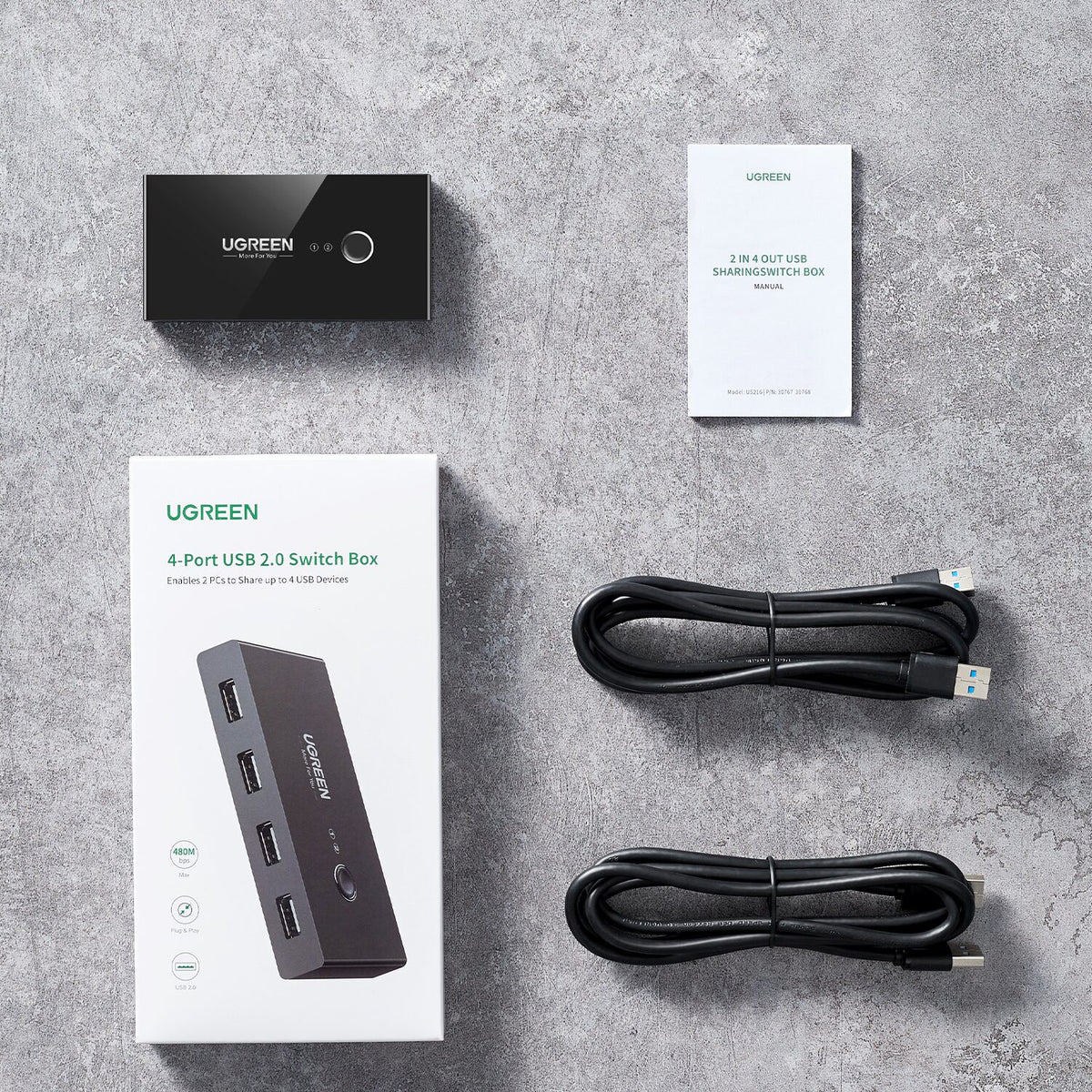 UGREEN USB 2.0 4-Port Switch Box, with 1.5m USB Cables