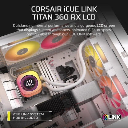 Corsair iCUE LINK TITAN 360 RX LCD Liquid CPU Cooler - White – RX120 RGB Fans – Fits Intel® LGA 1851/1700; AMD® AM5/AM4.