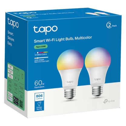 TP-Link Tapo L530E 2 Pack 8.7w Smart Wi-Fi Warm White Light Bulb, Dimmable, A60, E27