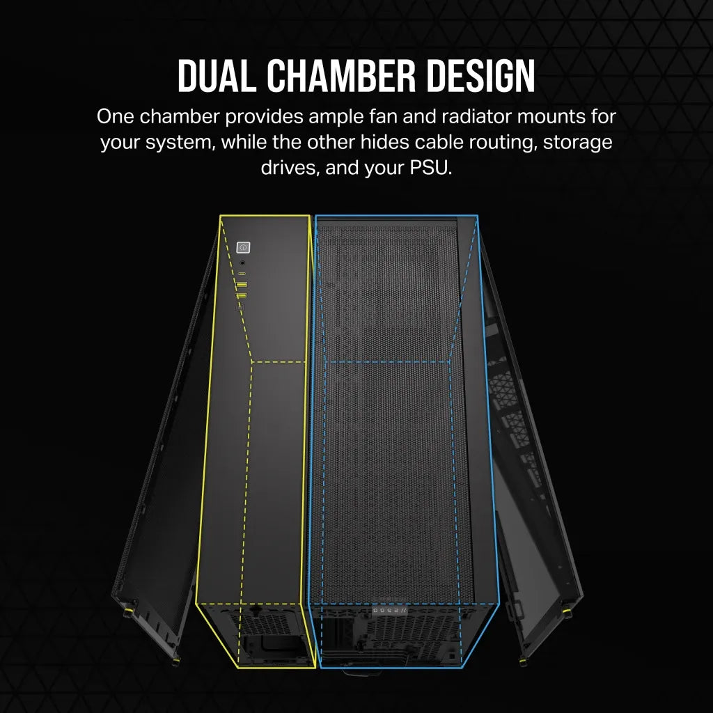 2500D Airflow Black Mid-Tower Dual Chamber PC Case; 2x 3.5'' | 2x 2.5'' Drive Bays; Up to 360mm Radiator compatible