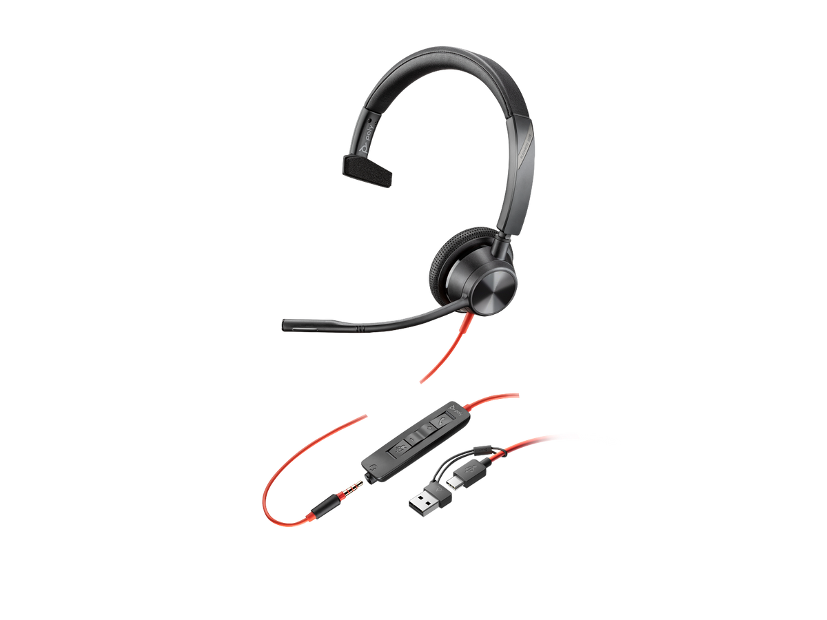 Poly Blackwire 3315 Monaural USB-C Headset +3.5mm Plug +USB-C/A Adapter