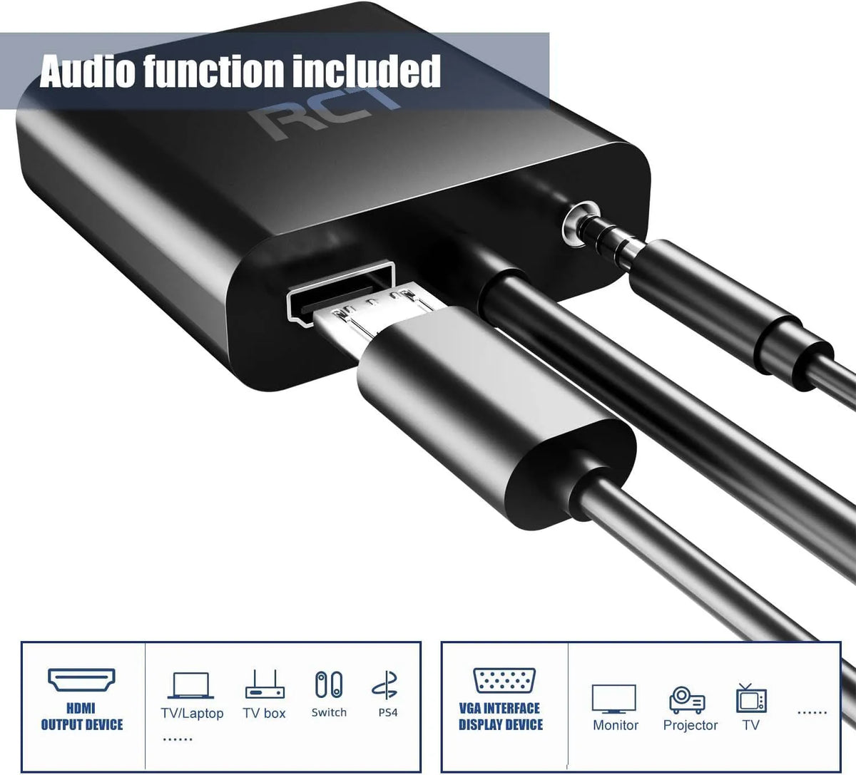 RCT HDMI (Male) to VGA (Female) Adapter with 3.5mm Audio Output | 1080p Full HD Video Converter