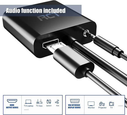 RCT HDMI (Male) to VGA (Female) Adapter with 3.5mm Audio Output | 1080p Full HD Video Converter