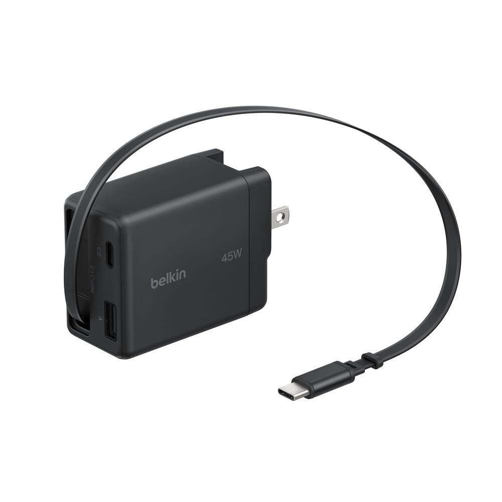 Belkin - 45 Watt - USB-C and USB-A Retractable Cable Wall Charger - with EU and UK Plugs - Black