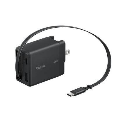 Belkin - 45 Watt - USB-C and USB-A Retractable Cable Wall Charger - with EU and UK Plugs - Black