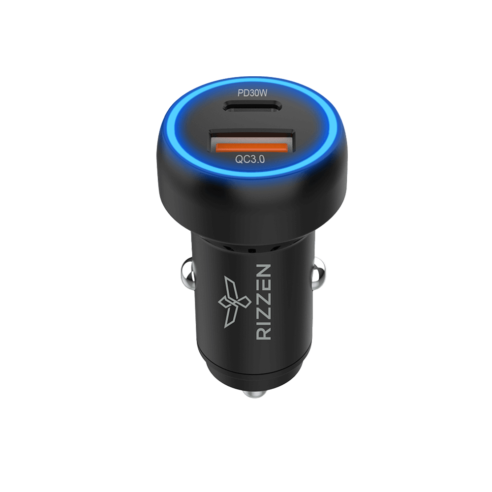 Rizzen 48W Rapid Vehicle Charger - Output: USB-A QC18W, USB Type-C PD 30W