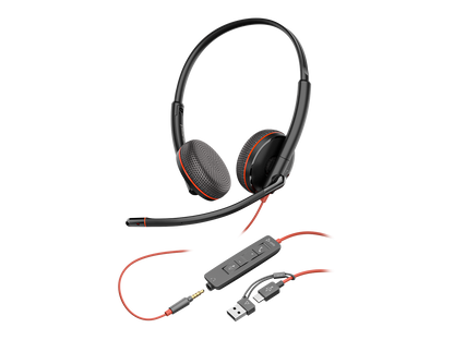 Poly Blackwire 3225 Stereo USB-C Headset +3.5mm Plug +USB-C/A Adapter (Bulk)
