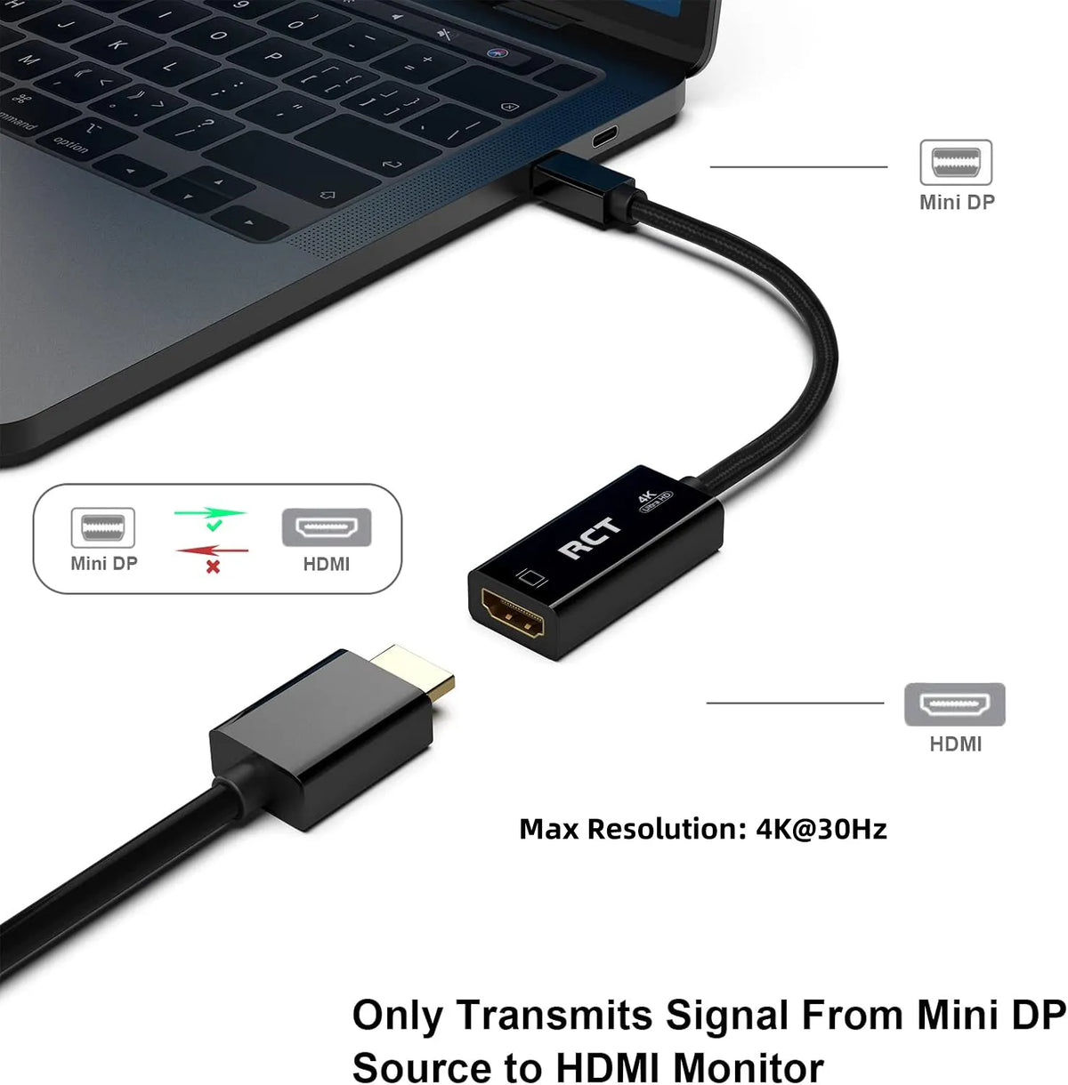 RCT Mini DisplayPort to HDMI 4K Adapter (Male to Female) | Ultra HD 4K Converter