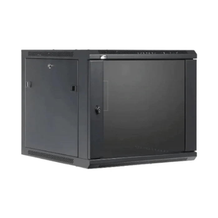 RCT 12U CP server/networking cabinet 4x uprights 4x feets incl glands + Screws; 600 X 600 PERFORATED DOOR; BLACK.