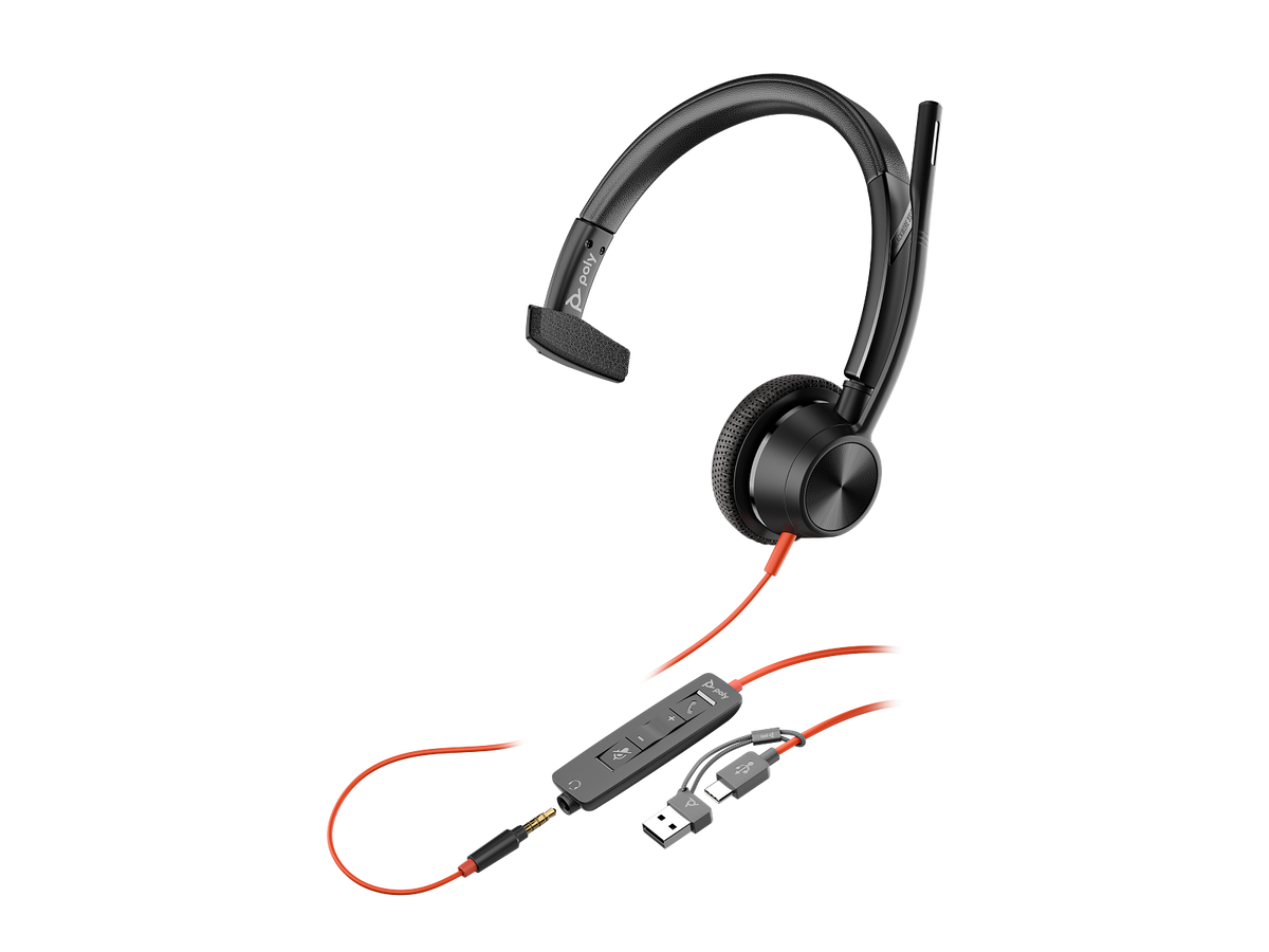 Poly Blackwire 3315 Monaural USB-C Headset +3.5mm Plug +USB-C/A Adapter