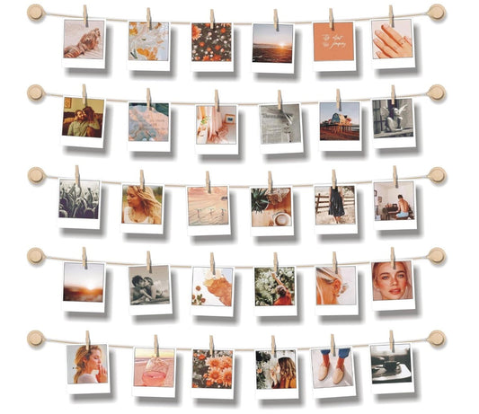 Tuff-Luv - Instax Decor Clips Hanging Photo Display for Wall Decor – Self-Adhesive, Easy Installation, 30 Wooden Clips, 10 Hooks, 30"x30" Display