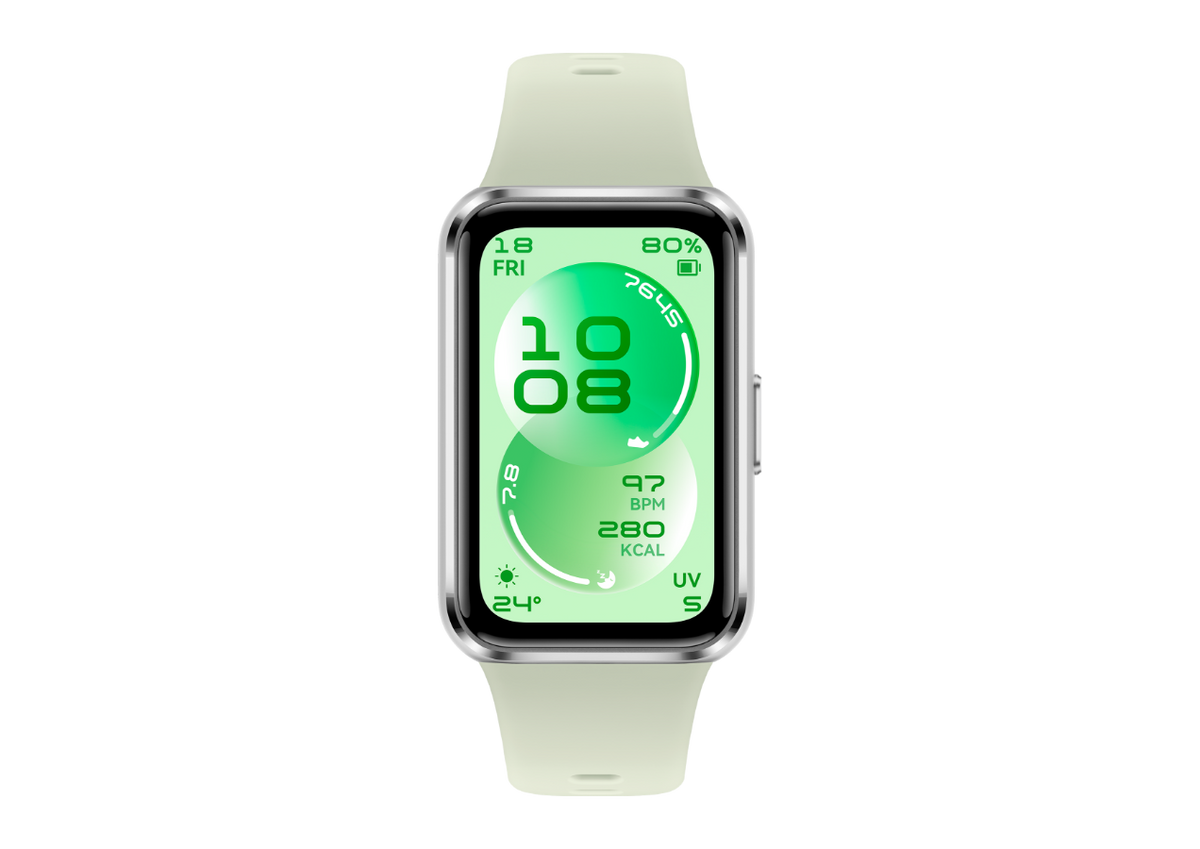 1.62 AMOLED colour Screen/ 286x482 pixels/ PPI 347/ Green Fluoroelastomer Strap/ length:130mm-210mm/ 5 ATM/ NO GPS/ 2.4GHz BT6.0 and BLE.5V/1A/ 55020GUL