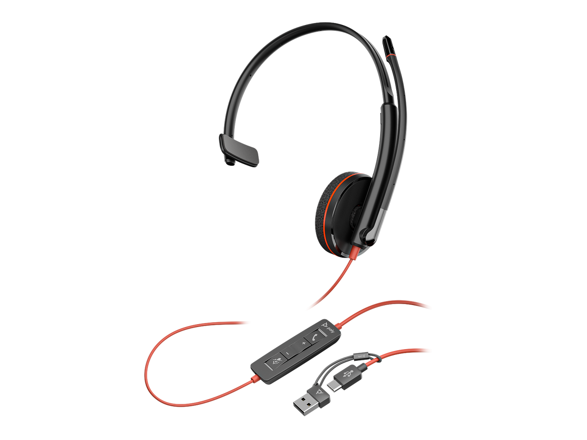 Poly Blackwire C3215 MONO Corded Headset (USB-C) + 3.5mm Plug + USB-C/A Adapter (UC & Microsoft)