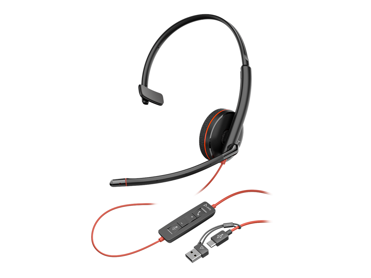 Poly Blackwire C3215 MONO Corded Headset (USB-C) + 3.5mm Plug + USB-C/A Adapter (UC & Microsoft)