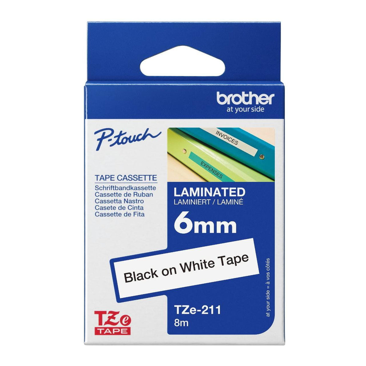 Brother 6MM Black on White Laminated tape