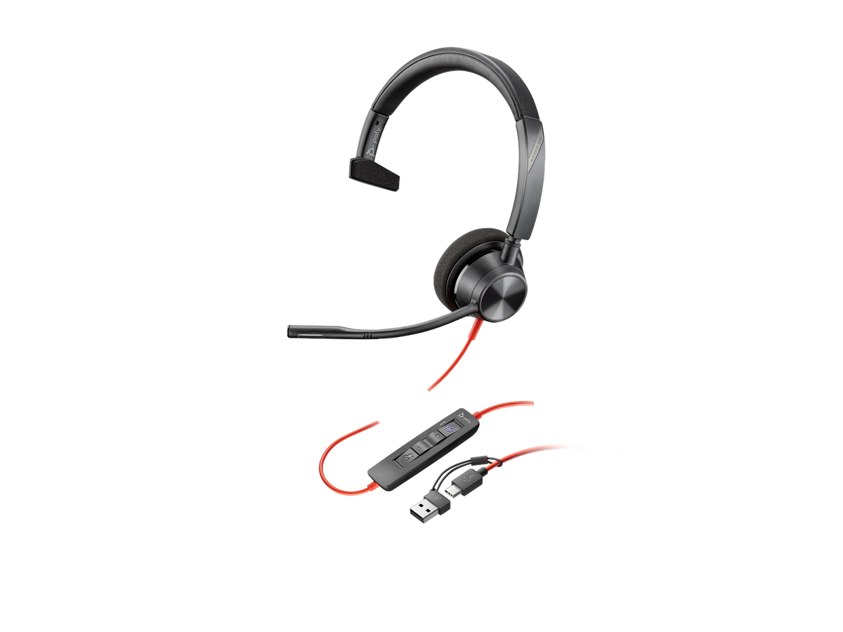 Poly Blackwire 3310 Monaural Microsoft Teams Certified USB-C Headset +USB-C/A Adapter
